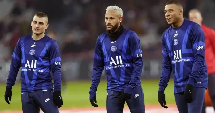 Marco Verratti, Neymar and Kylian Mbappe of PSG