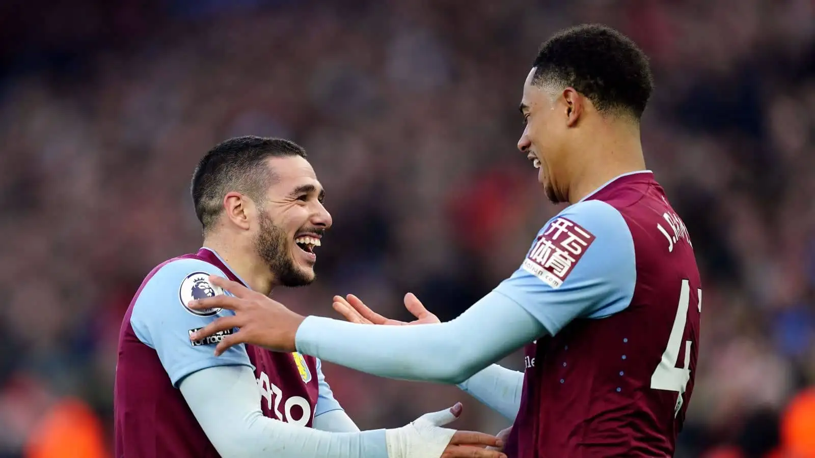 Aston Villa's Emiliano Buendia celebrates scoring their side's third goal of the game with team-mate Jacob Ramsey during the Premier League match at Villa Park, Birmingham