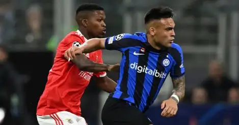 Lautaro Martinez (Inter)Florentino Luis (Benfica) during the UEFA "Champions League 2022 2023" match between Inter 3-3 Benfica at Giuseppe Meazza Stadium on April 19, 2023 in Milan, Italy
