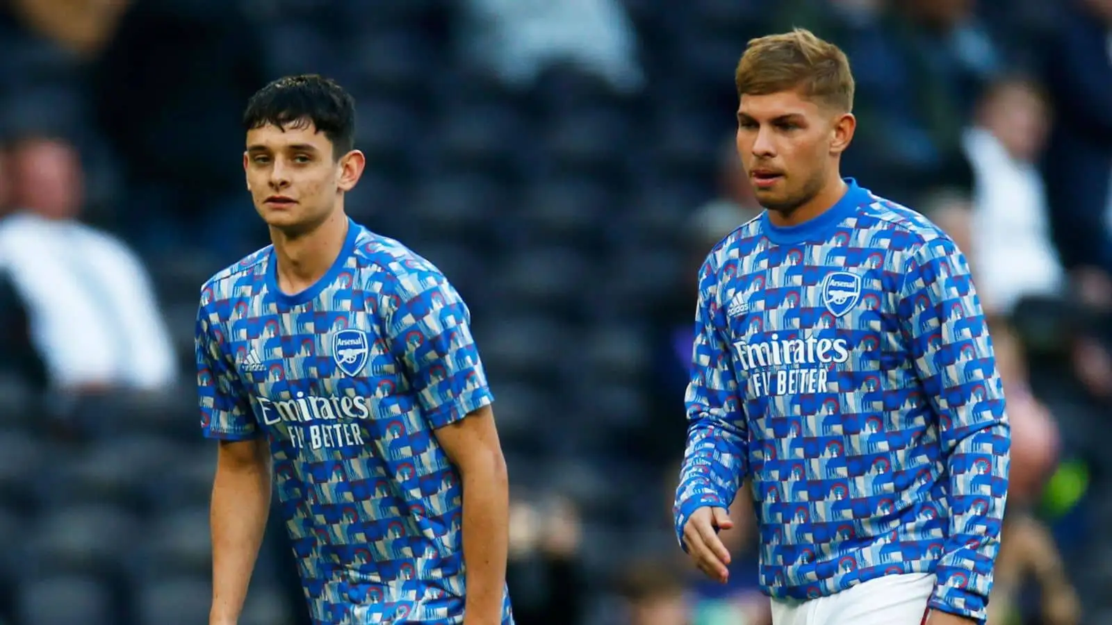 Charlie Patino of Arsenal and Emile Smith Rowe of Arsenal during the pre-match warm-up