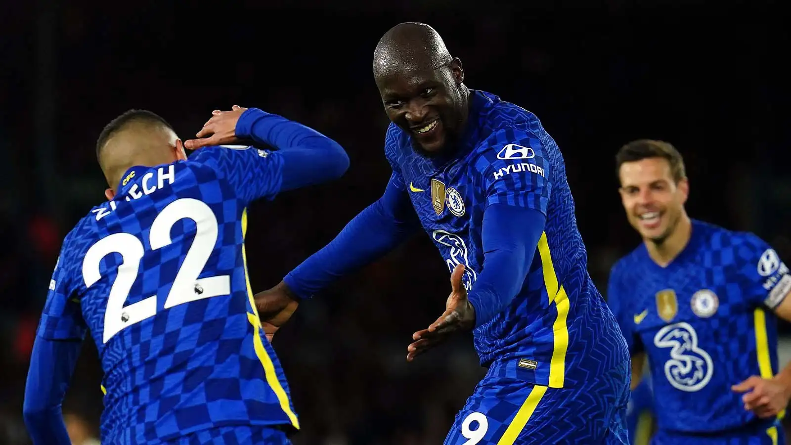 Chelsea's Romelu Lukaku celebrates scoring their side's third goal of the game with team-mates during the Premier League match at Elland Road, Leeds. Picture date: Wednesday May 11, 2022.