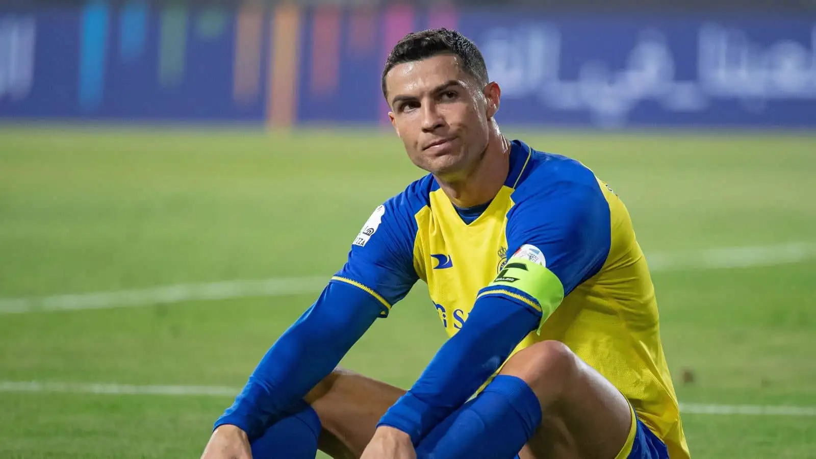 Cristiano Ronaldo of Al-Nassr FC gestures against Al-Raed FC during their SAFF Roshn Saudi Pro League 2023-24 Match Day 24 at Al-Awwal Park Stadium on April 29, 2023 in Riyadh, Saudi Arabia