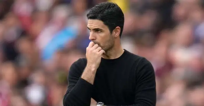 Arsenal's manager Mikel Arteta reacts after Brighton's Julio Enciso scored his side's opening goal during the English Premier League soccer match between Arsenal and Brighton and Hove Albion at Emirates stadium in London, Sunday, May 14, 2023