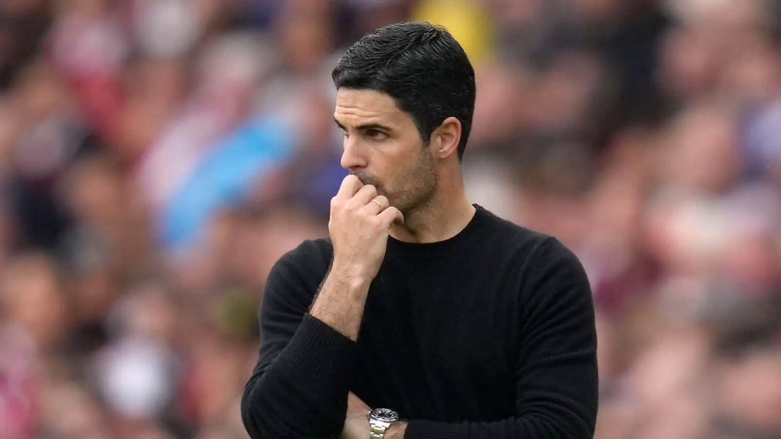 Arsenal's manager Mikel Arteta reacts after Brighton's Julio Enciso scored his side's opening goal during the English Premier League soccer match between Arsenal and Brighton and Hove Albion at Emirates stadium in London, Sunday, May 14, 2023