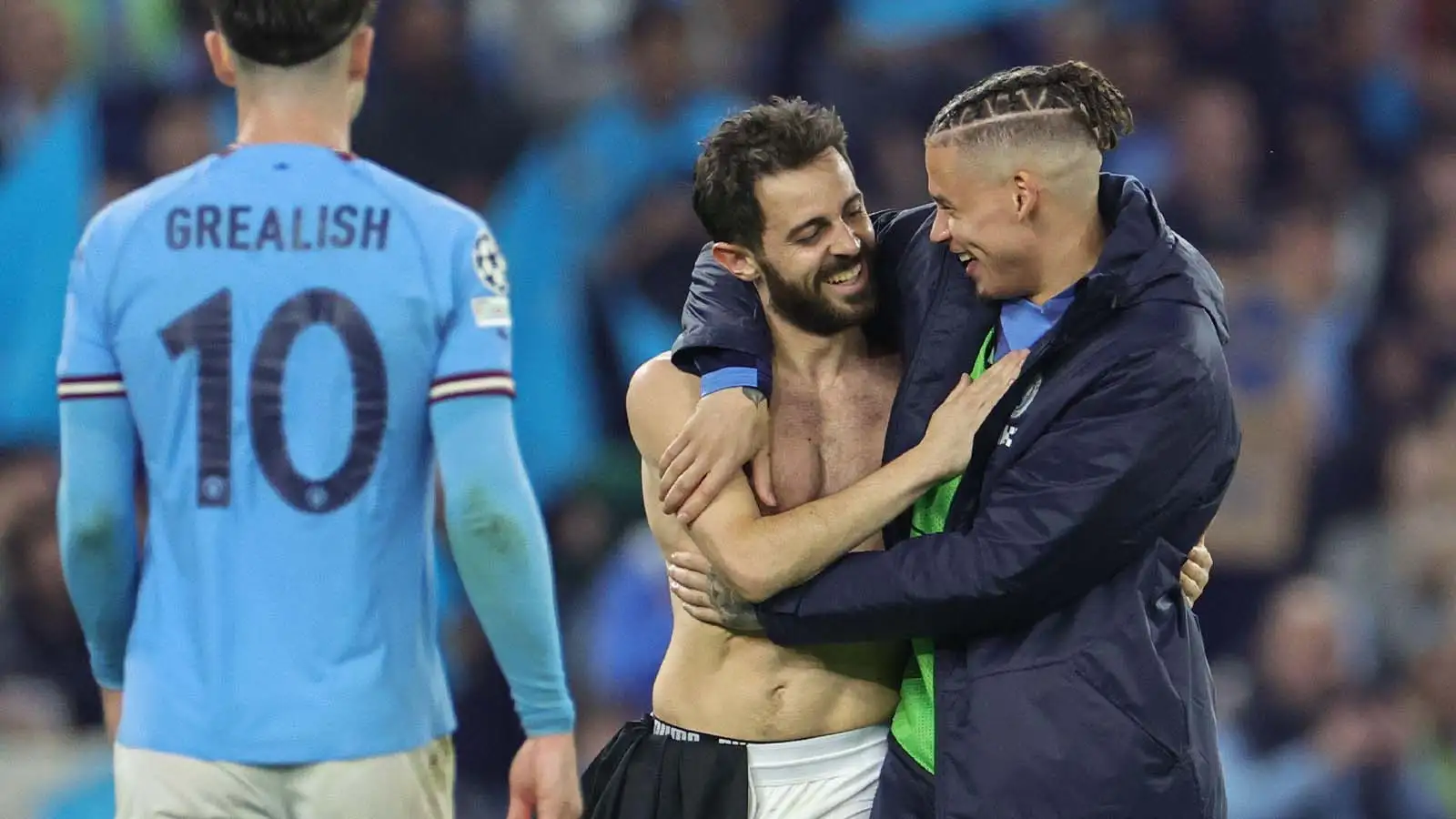 Bernardo Silva #20 of Manchester City and Kalvin Phillips #4 of Manchester City embrace after the UEFA Champions League Semi-Final Second Leg Manchester City vs Real Madrid at Etihad Stadium, Manchester, United Kingdom, 17th May 2023