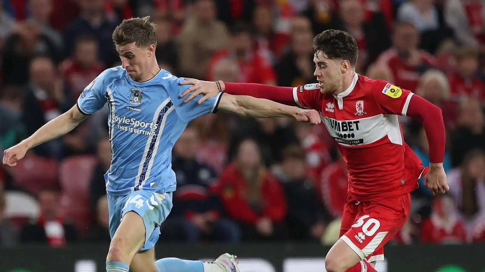 Ben Sheaf of Coventry City in action with Middlesbrough's Hayden Hackney during the Sky Bet Championship Play Off Semi Final 2nd Leg between Middlesbrough and Coventry City at the Riverside Stadium, Middlesbrough on Wednesday 17th May 2023