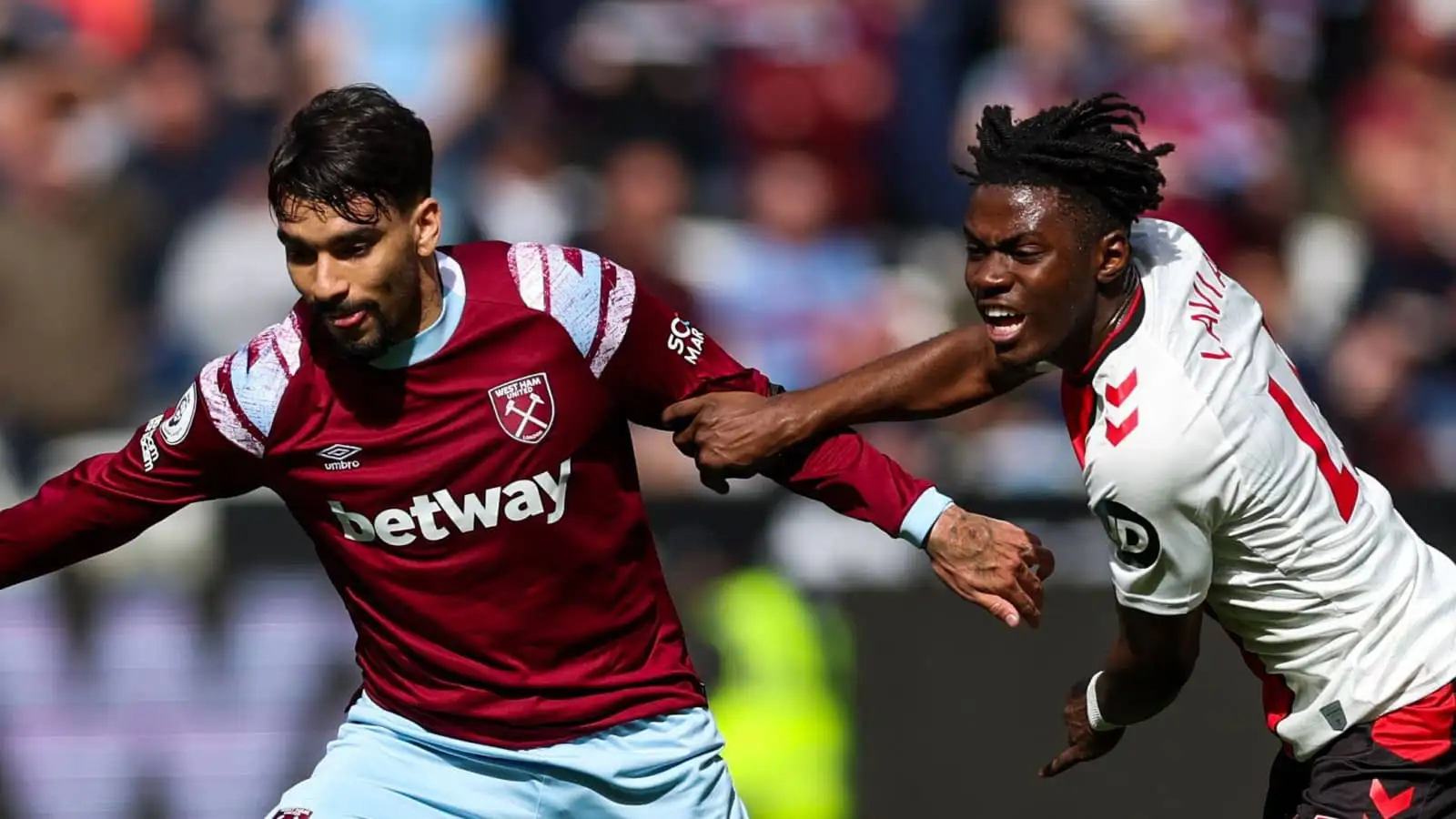 Romeo Lavia, Lucas Paqueta, Southampton v West Ham, April 2023