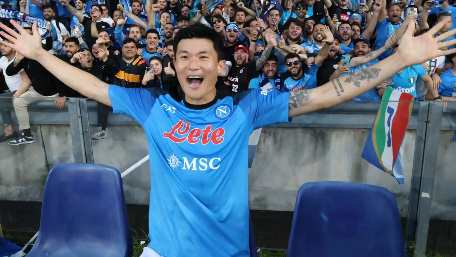 Kim Min-jae Napoli defender celebrates their Serie A title success with fans at the Diego Maradona Stadium, Naples, Italy