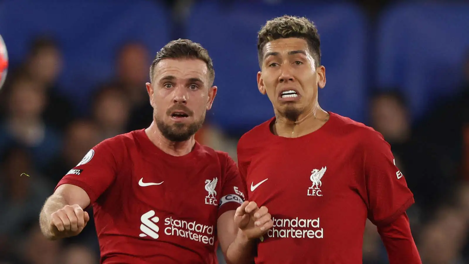 Jordan Henderson (L) Roberto Firmino (L) at the Chelsea v Liverpool EPL match, at Stamford Bridge, London, UK on 4th April, 2023.