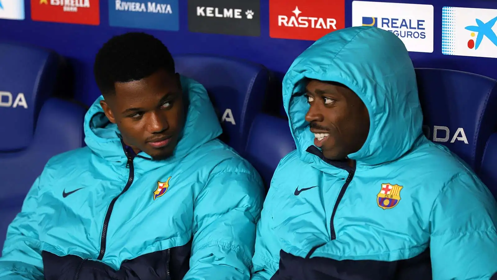 Ansu Fati (FC Barcelona) and Ousmane Dembele (FC Barcelona) look during the La Liga Santander between FC Barcelona and Espanyol at RCDE Stadium on 14 May 2023