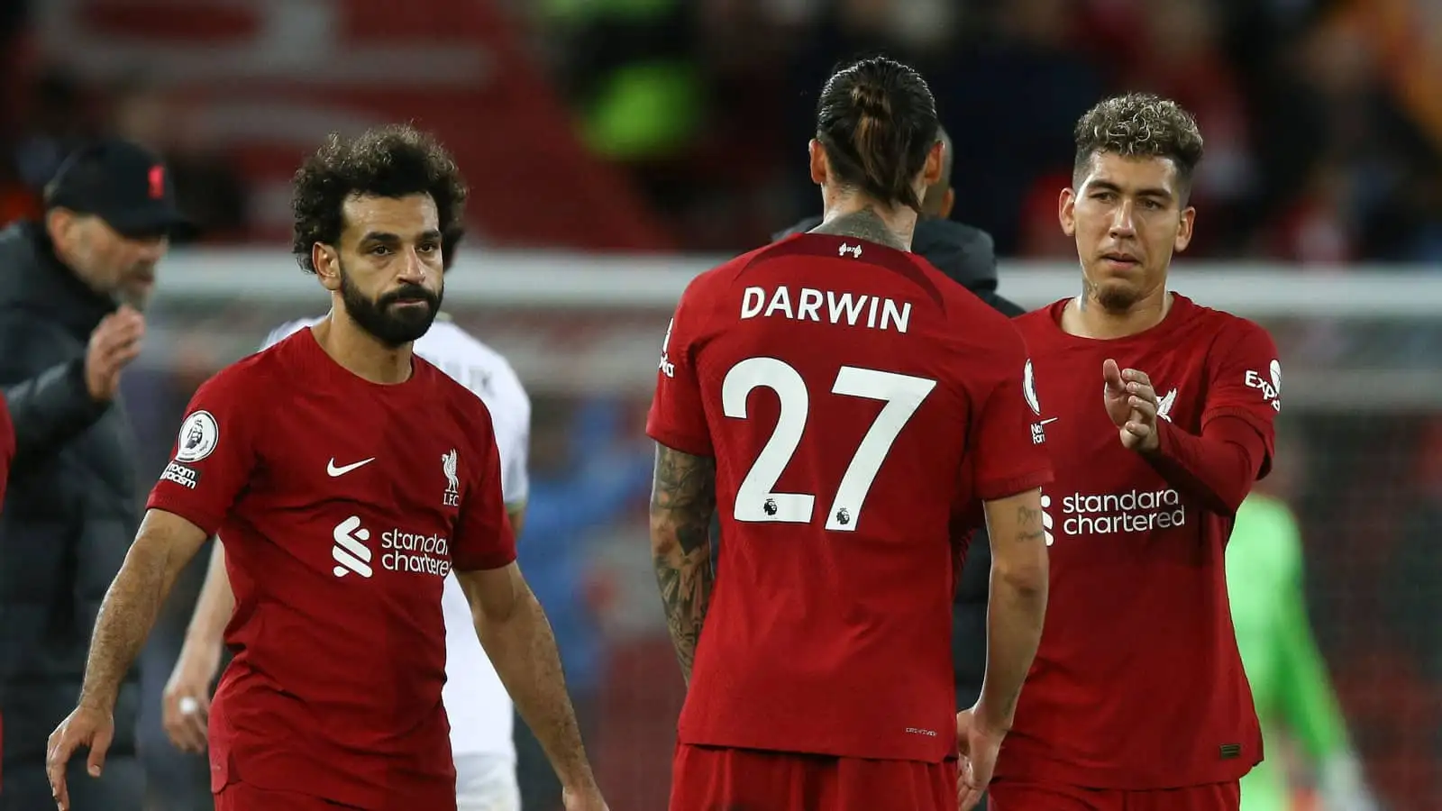 Liverpool attackers Mohamed Salah, Darwin Nunez and Roberto Firmino