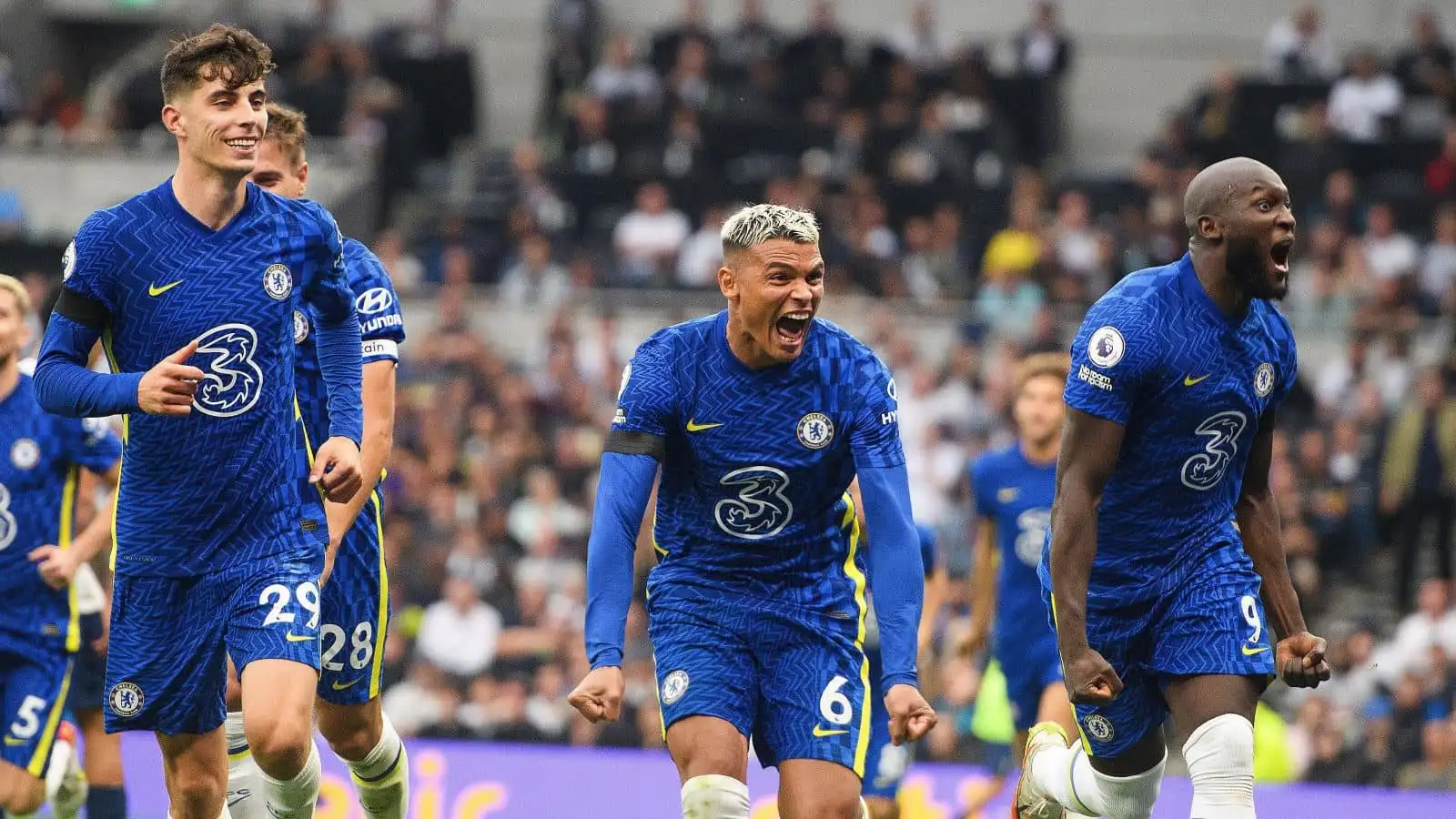 Kai Havertz, Thiago Silva, Romelu Lukaku of Chelsea celebrate a goal during Premier League game against Tottenham at the Tottenham Hotspur Stadium