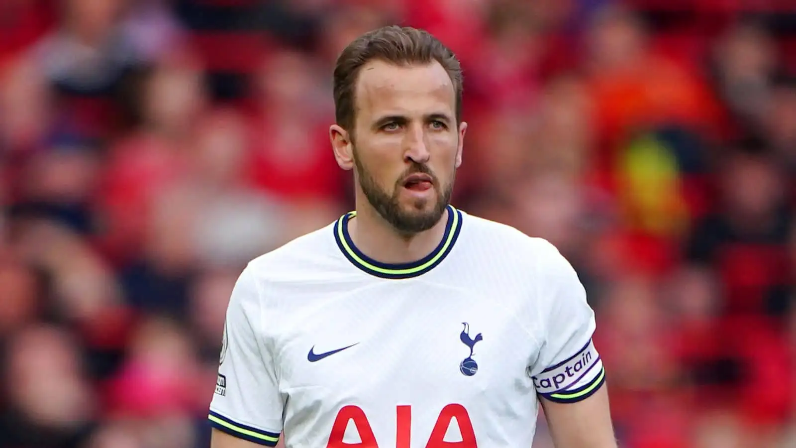 Harry Kane Tottenham captain during Premier League game against Liverpool at Anfield