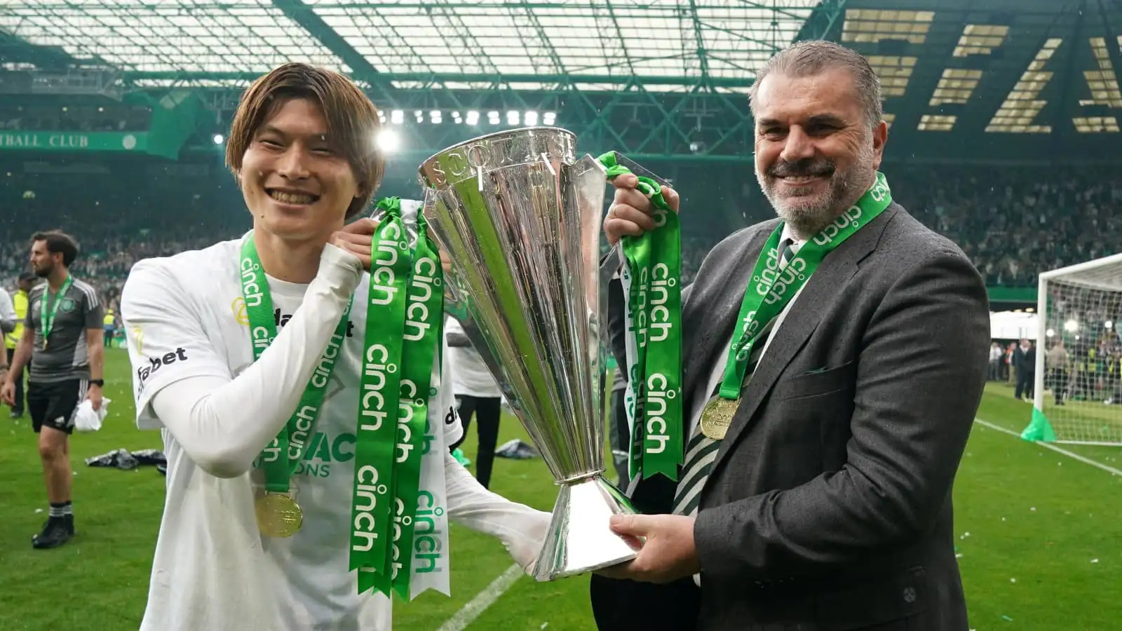 Celtic striker Kyogo Furuhashi and manager Ange Postecoglou