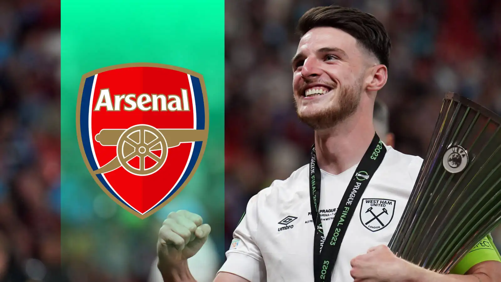 West Ham captain Declan Rice, Arsenal badge, Europa Conference League trophy