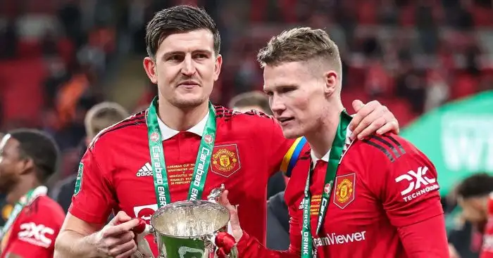 Harry Maguire #5 and Scott McTominay #39 of Manchester United celebrate winning the Carabao Cup Final match Manchester United vs Newcastle United at Wembley Stadium
