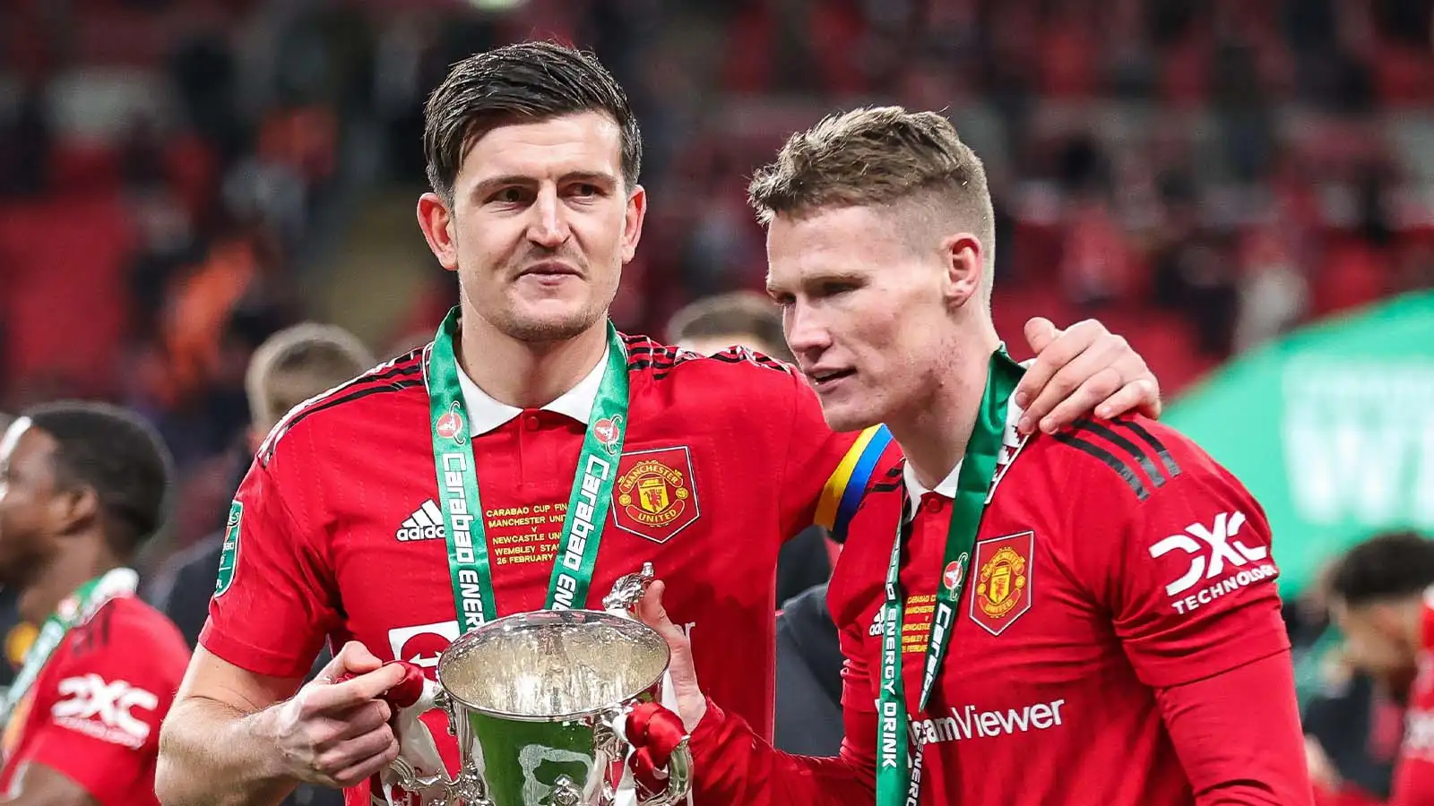 Harry Maguire #5 and Scott McTominay #39 of Manchester United celebrate winning the Carabao Cup Final match Manchester United vs Newcastle United at Wembley Stadium