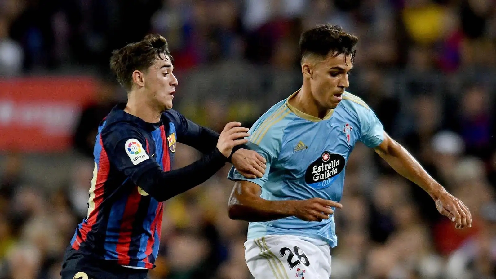 Barcelona, Spain. 09th Oct, 2022. FC BARCELONA vs RC CELTA October 9,2022 Gavi (30) of FC Barcelona (left) challenges Gabri Veiga of Celta during the match between FC Barcelona and RC Celta