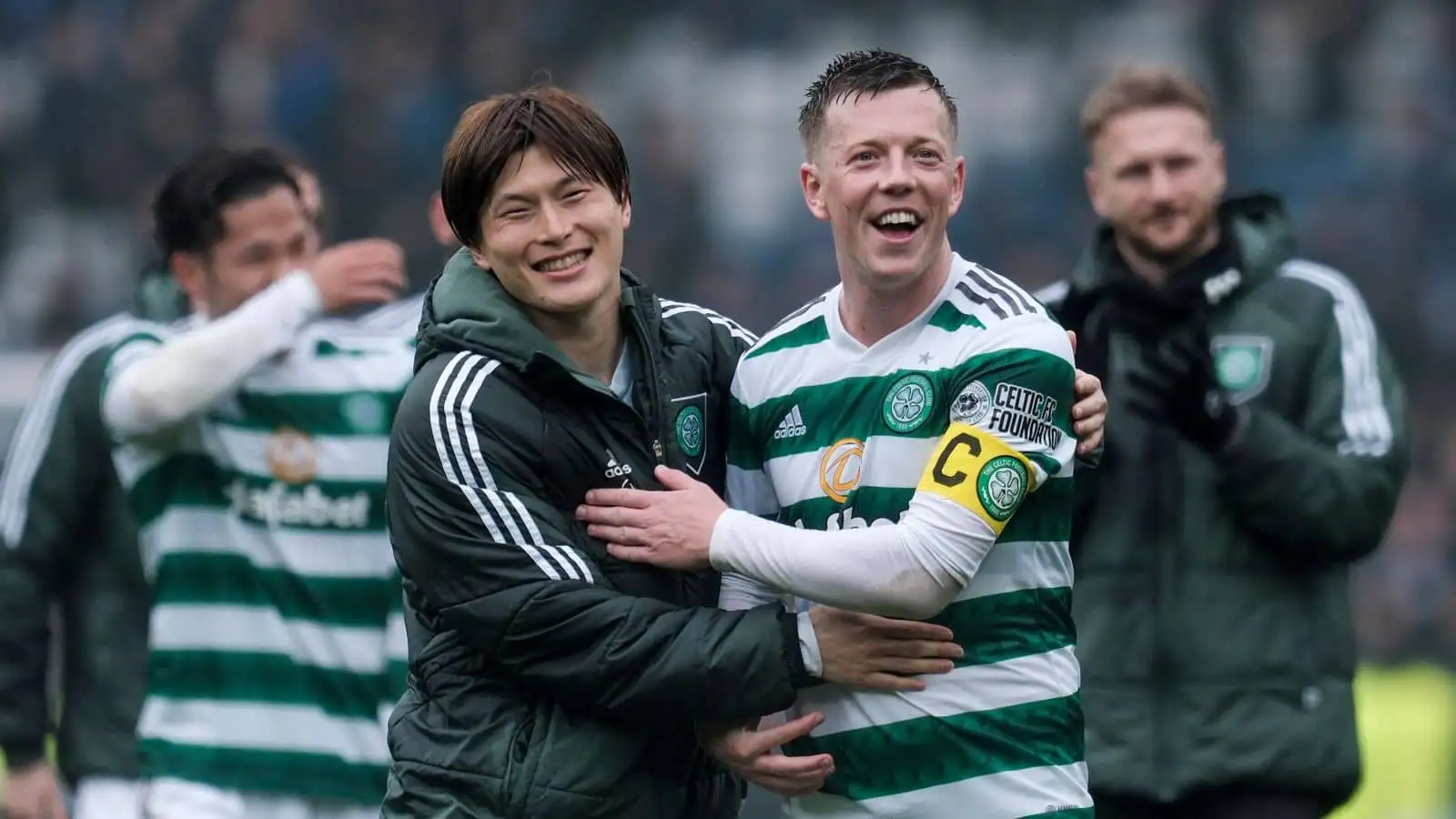 Kyogo Furuhashi of Celtic and Callum McGregor of Celtic celebrate after the Scottish Cup Semi Final match between Rangers and Celtic at Hampden Park on April 30, 2023 in Glasgow, Scotland