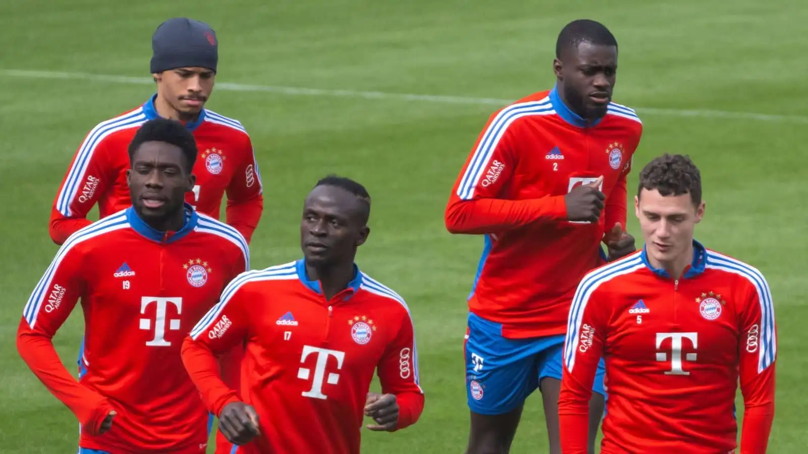 Alphonso Davies, Sadio Mane, Dayot Upamecano and Benjamin Pavard Bayern Munich training
