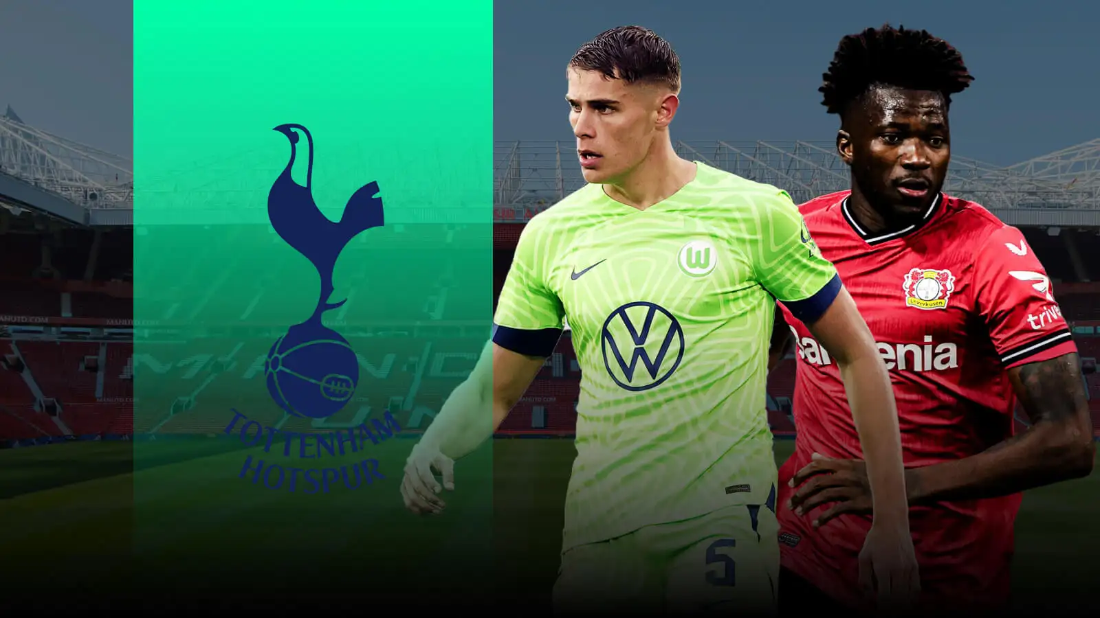 Tottenham badge Wolfsburg centre-back Micky Van de Ven Bayer Leverkusen defender Edmond Tapsoba