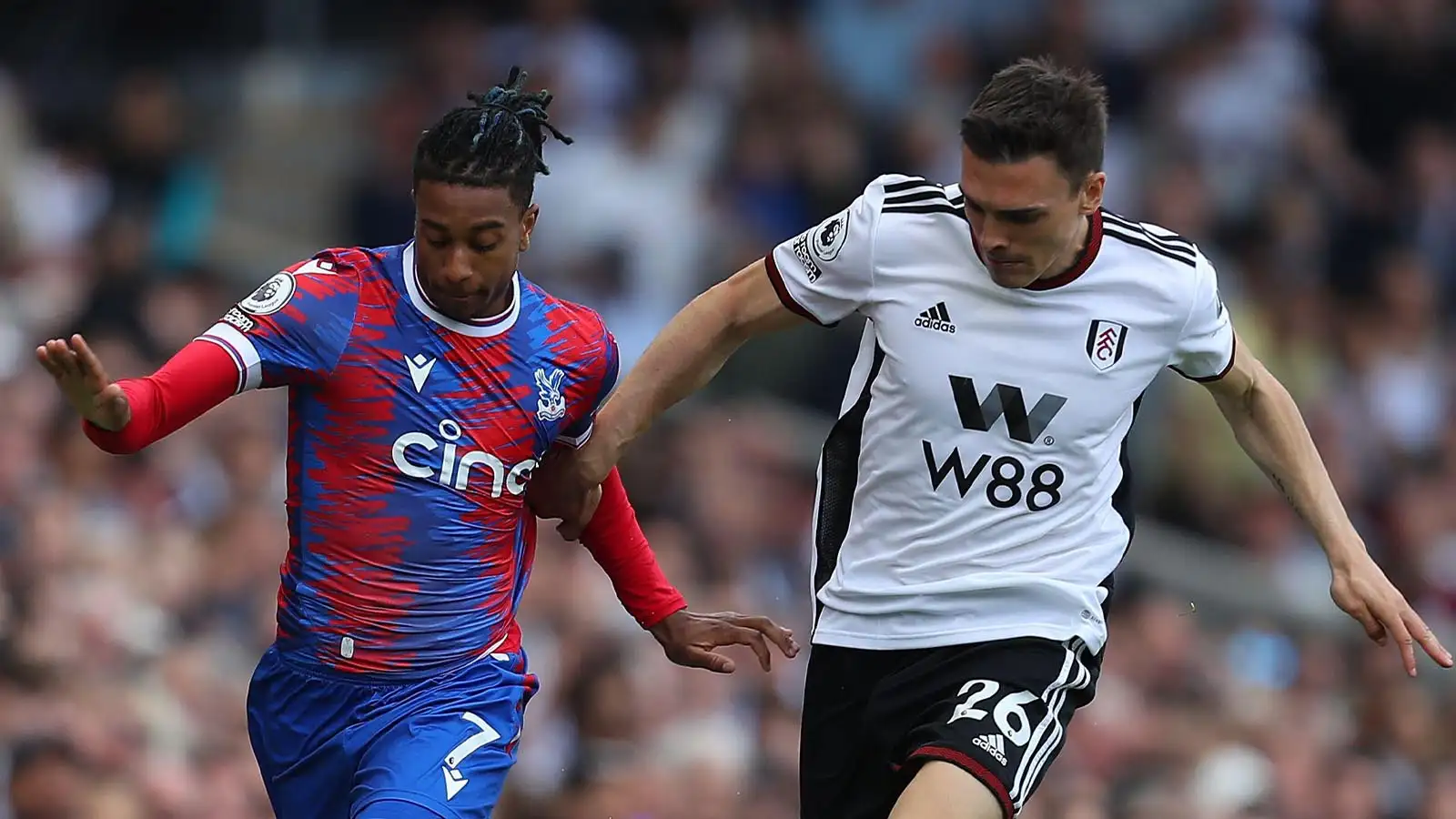 Craven Cottage, Fulham, London, UK. 20th May, 2023. Premier League Football, Fulham versus Crystal Palace; Michael Olise of Crystal Palace and Joao Palhinha of Fulham compete for the ball