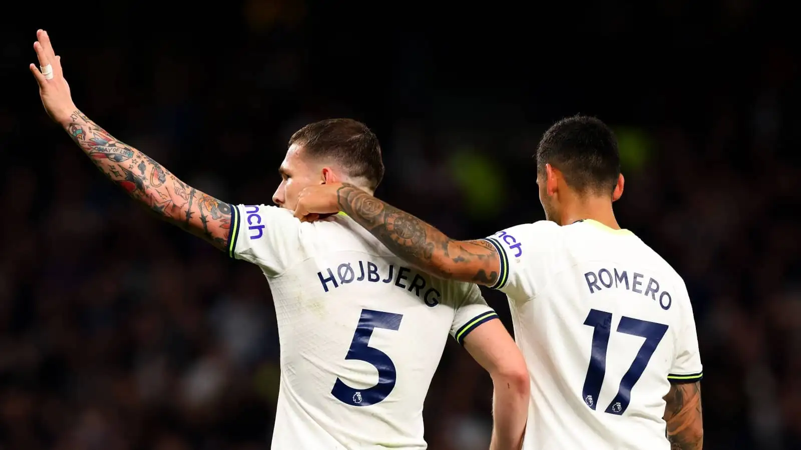 Pierre-Emile Hojbjerg and Cristian Romero of Tottenham