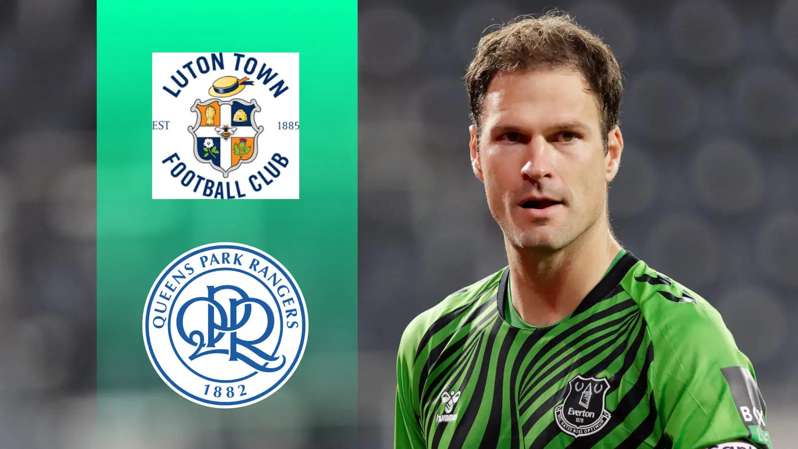 Everton goalkeeper Asmir Begovic and Luton Town, QPR badges
