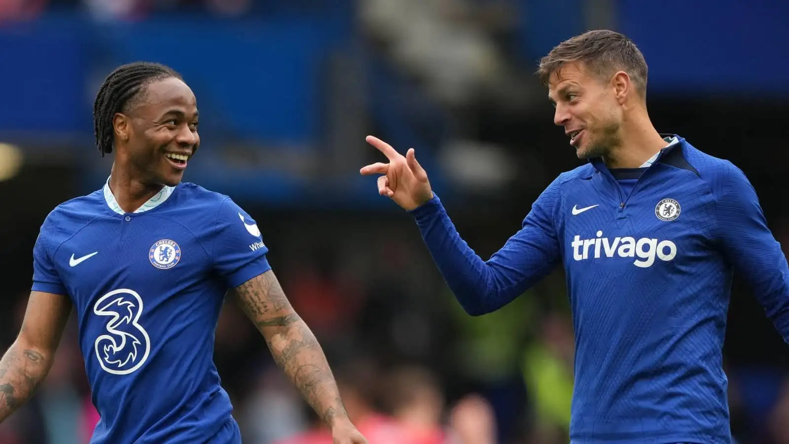 Cesar Azpilicueta and Raheem Sterling of Chelsea