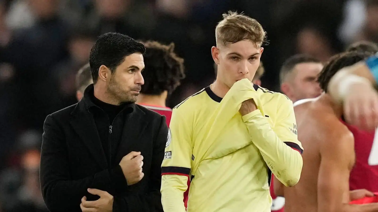 Mikel Arteta manager of Arsenal and Emile Smith Rowe of Arsenal dejected during the Premier League match at Anfield, Liverpool