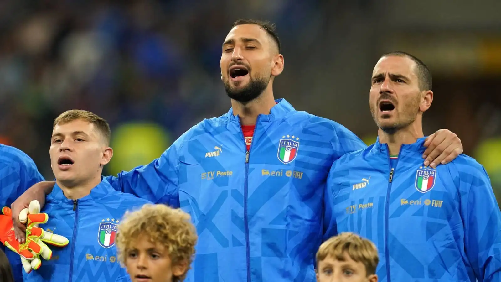 Nicolo Barella, Gianluigi Donnarumma and Leonardo Bonucci of Italy