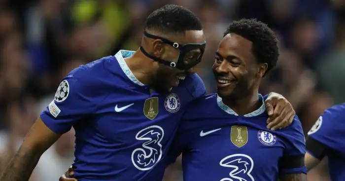 Pierre-Emerick Aubameyang and Raheem Sterling celebrate a Chelsea goal