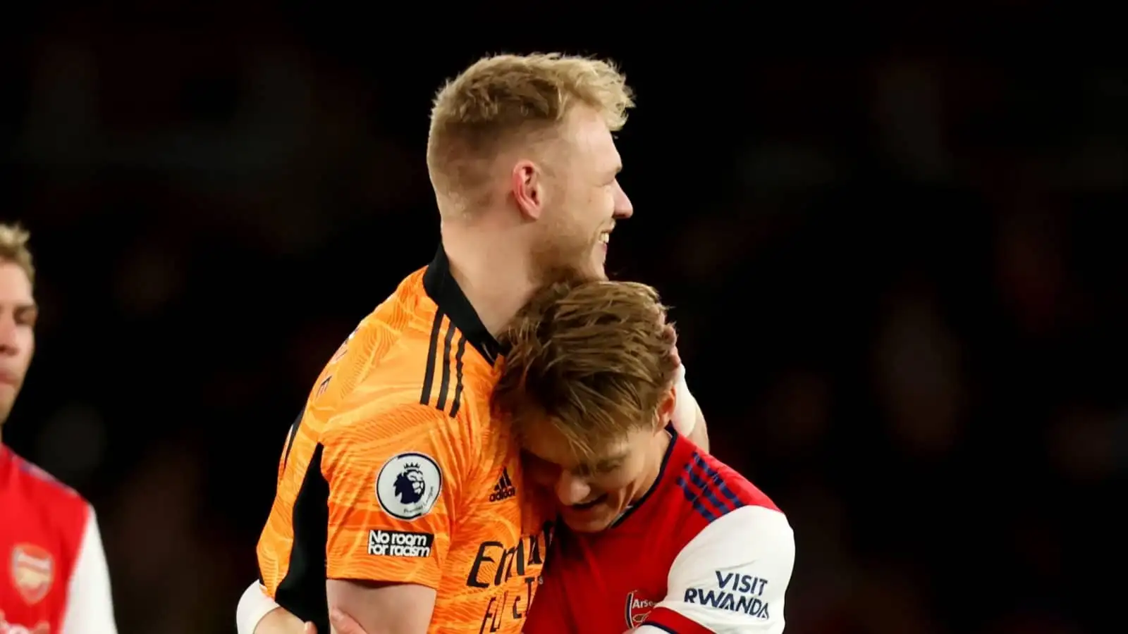 Aaron Ramsdale hugs Martin Odegaard, Arsenal