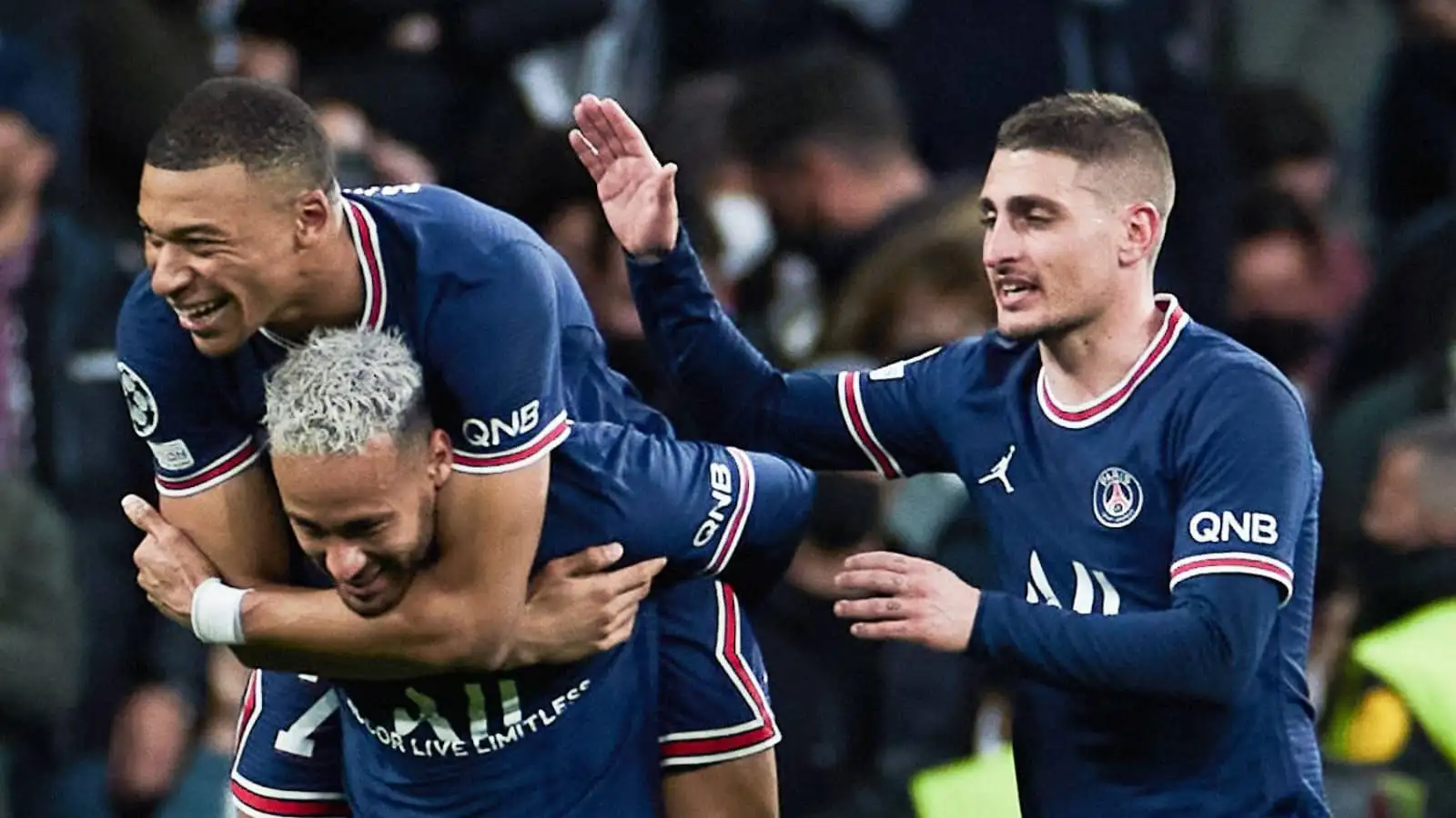 Kylian Mbappe, Neymar and Marco Verratti of PSG