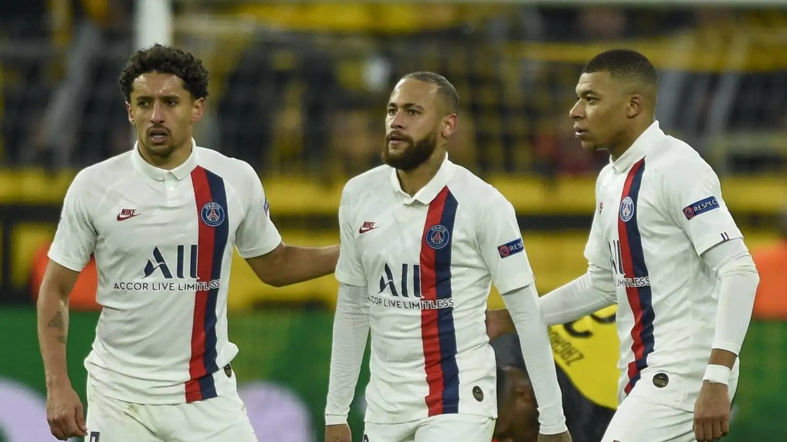 Marquinhos, Neymar and Kylian Mbappe of PSG