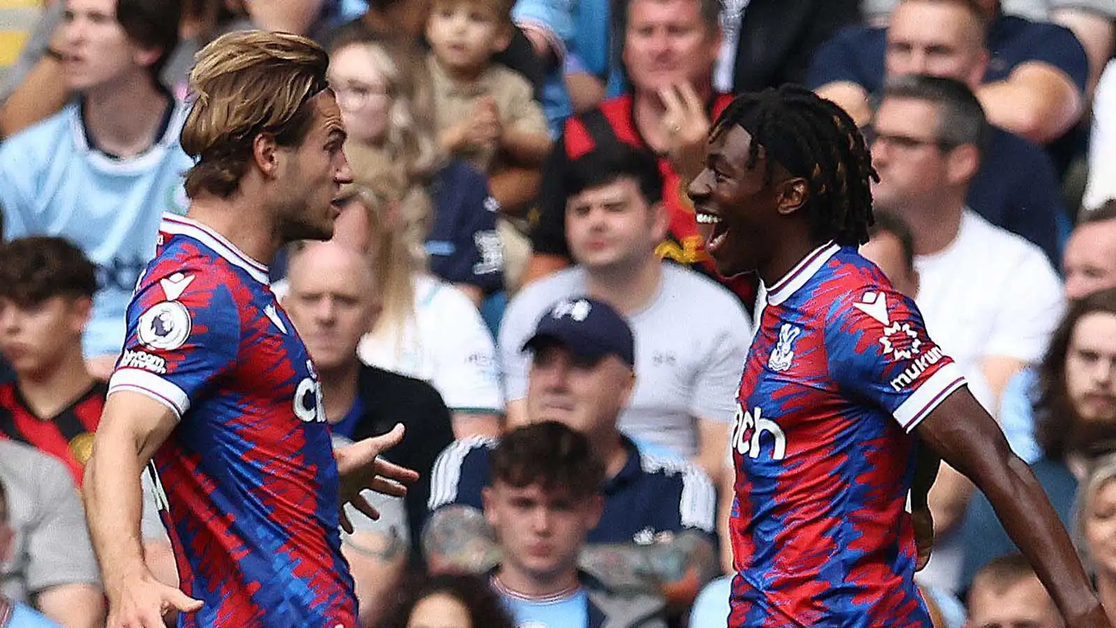 Joachim Andersen of Crystal Palace celebrates with Eberechi Eze