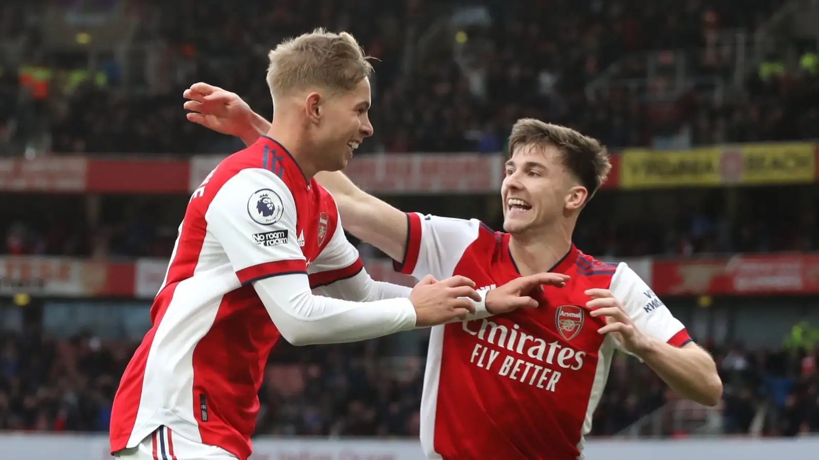 Arsenal duo Emile Smith Rowe and Kieran Tierney celebrate