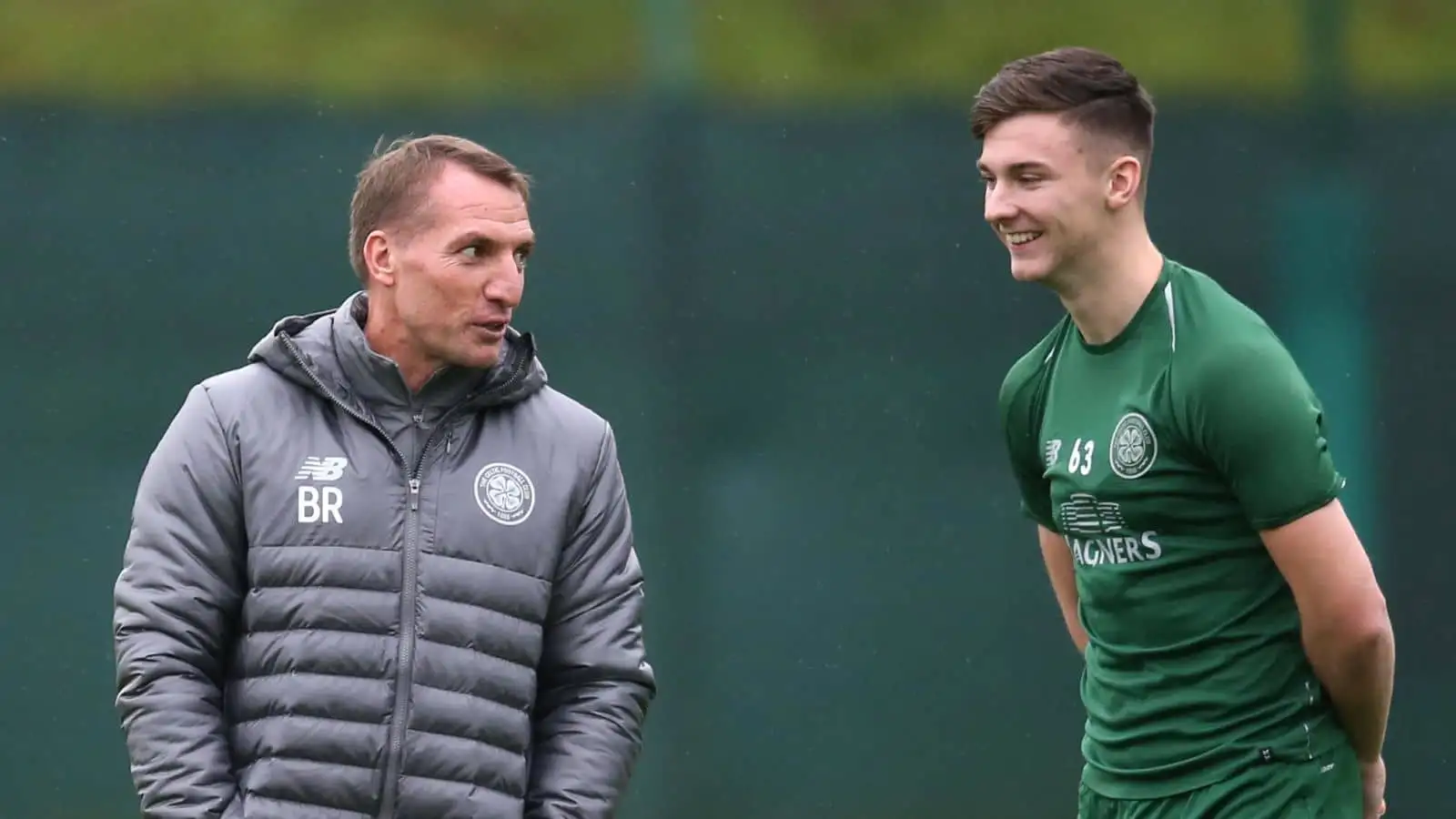 Brendan Rodgers, Kieran Tierney Celtic during a 2018 training session at the Lennoxtown training base