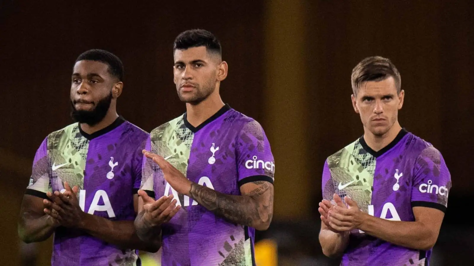 Japhet Tanganga, Cristian Romero and Giovani Lo Celso of Tottenham