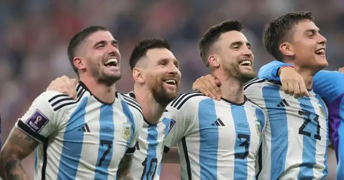 Rodrigo De Paul, Lionel Messi, Nicolas Tagliafico and Paulo Dybala celebrate Argentina World Cup win