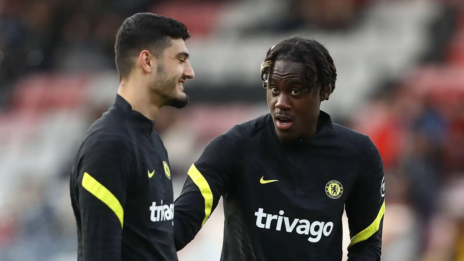Armando Broja speaks with Trevoh Chalobah before Chelsea game Armando Broja and Trevoh Chalobah of Chelsea