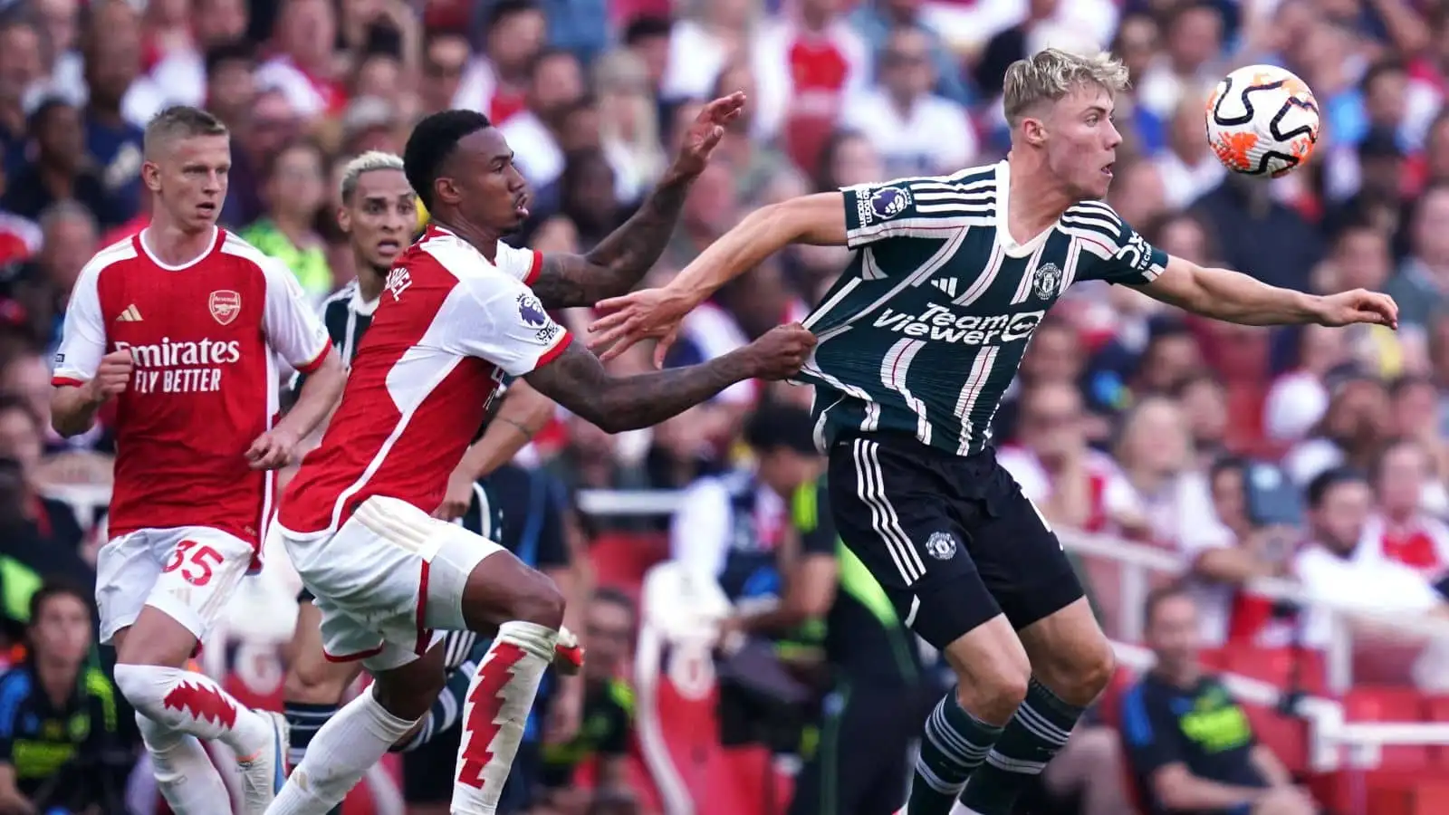 Manchester United's Rasmus Hojlund (right) and Arsenal's Gabriel battle for the ball during the Premier League match at the Emirates Stadium, London