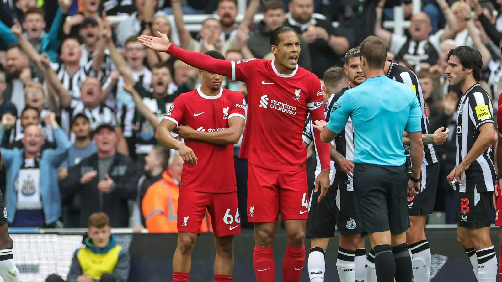 Liverpool captain Virgil van Dijk appeals his red card against Newcastle