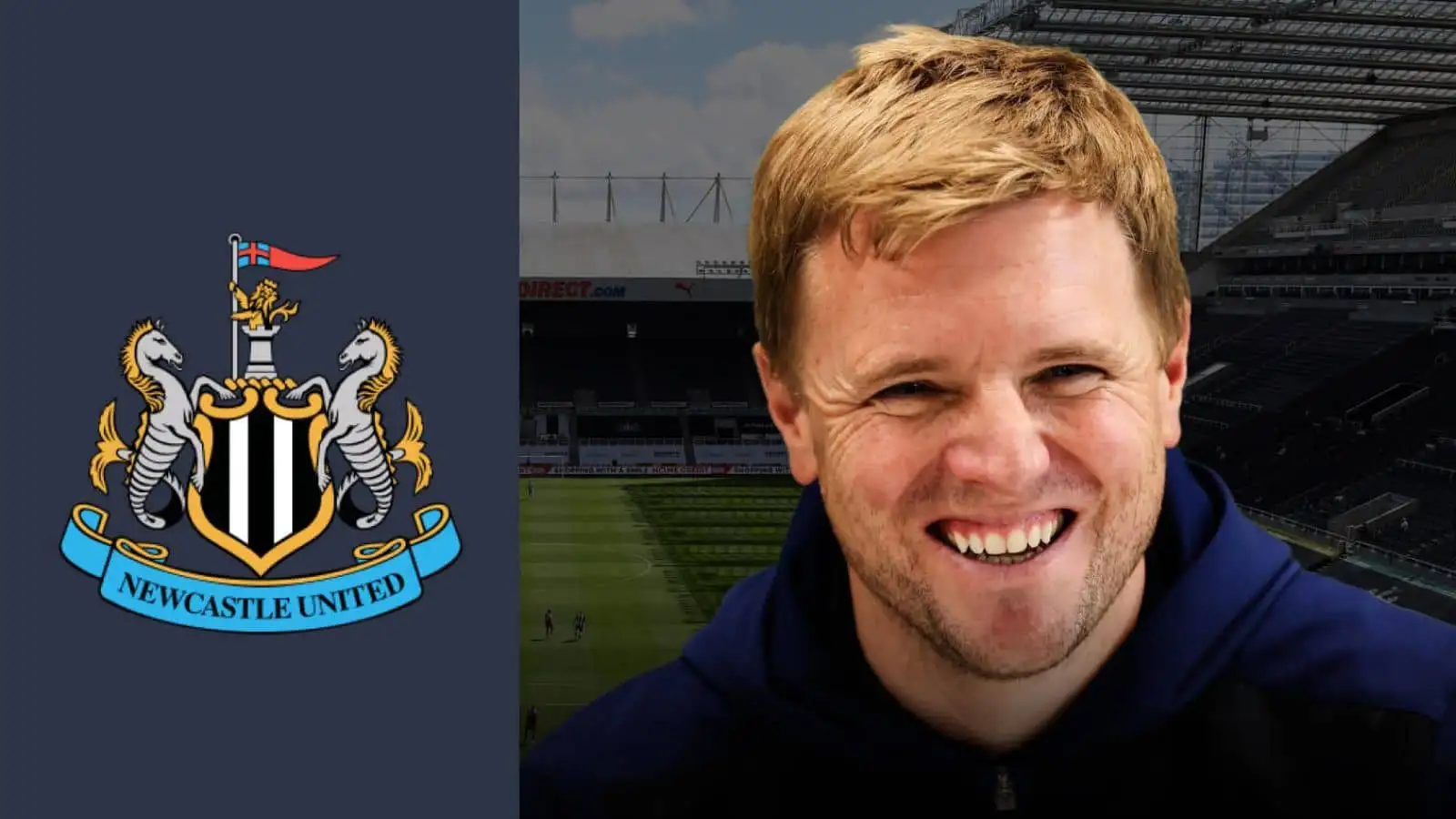 Eddie Howe, the manager of Newcastle United , with St James' Park stadium in the background