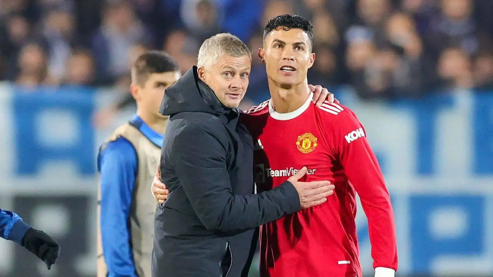 Ole Gunnar Solskjaer Manager of Manchester United and Cristiano Ronaldo (7) of Manchester United celebrates at full time during the UEFA Champions League, Group F football match between Atalanta BC and Manchester United on November 2, 2021 at Gewiss Stadium in Bergamo