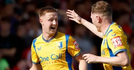 Mansfield Town's Davis Keillor-Dunn (left) celebrates with George Maris after scoring their side's first goal of the game during the Sky Bet League Two match at the Wham Stadium, Accrington