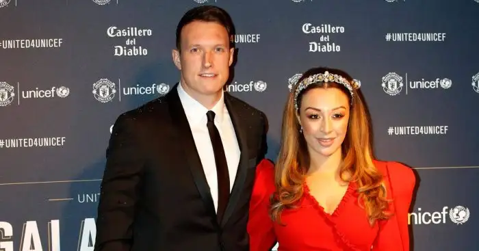 Phil Jones and wife Kaya Hall during the red carpet arrivals for the Manchester United United for Unicef Gala Dinner at Old Trafford