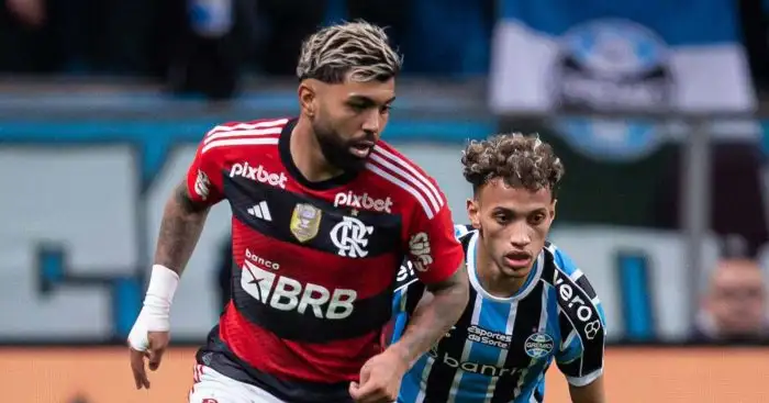 Bitello of Gremio battles for possession ball with Gabriel Barbosa of Flamengo