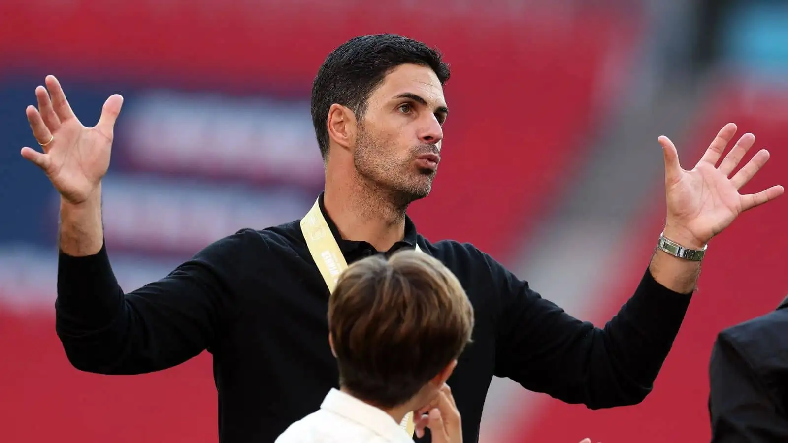 Mikel Arteta, the manager of Arsenal celebrates with his sons after the game. FA Community Shield match, Arsenal v Manchester City at Wembley Stadium in London