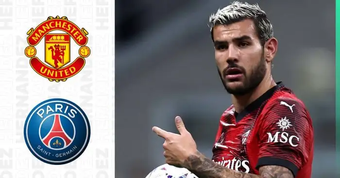 Theo Hernandez next to the Man Utd and PSG badges